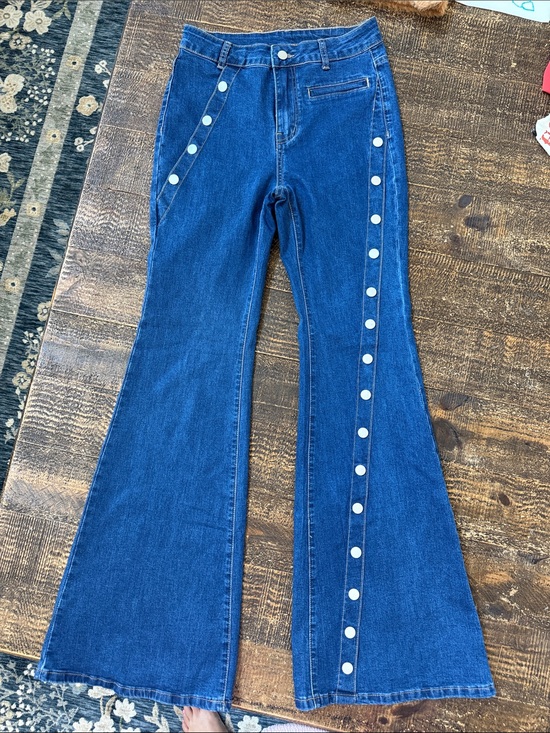 SHEIN Denim - SHEIN Dark Blue Snap-Front Flare Jeans
